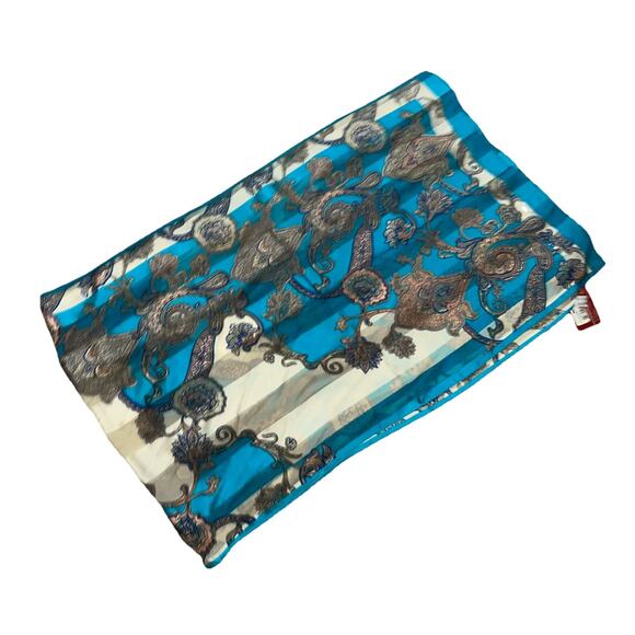 100% Silk Rectangular ASCOT Scarf Florals Beige Blue Peach Cream 69”x21” - Picture 5 of 6